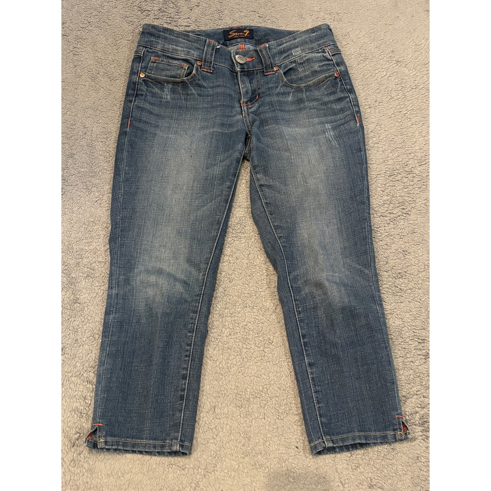 Seven7 Women Medium Wash Cropped Capri Jeans Size 2 Blue Stretch Denim Slit Hem
